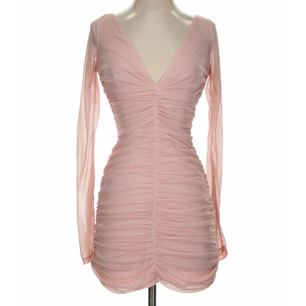 Auteur Camille Baby Pink Ruched Long Sleeve Mesh Mini Dress S NWT $410